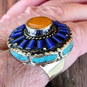 Tibetan (Nepal) Silver Ring with Carnelian, Lapis Lazuli, & Turquoise (11.5)